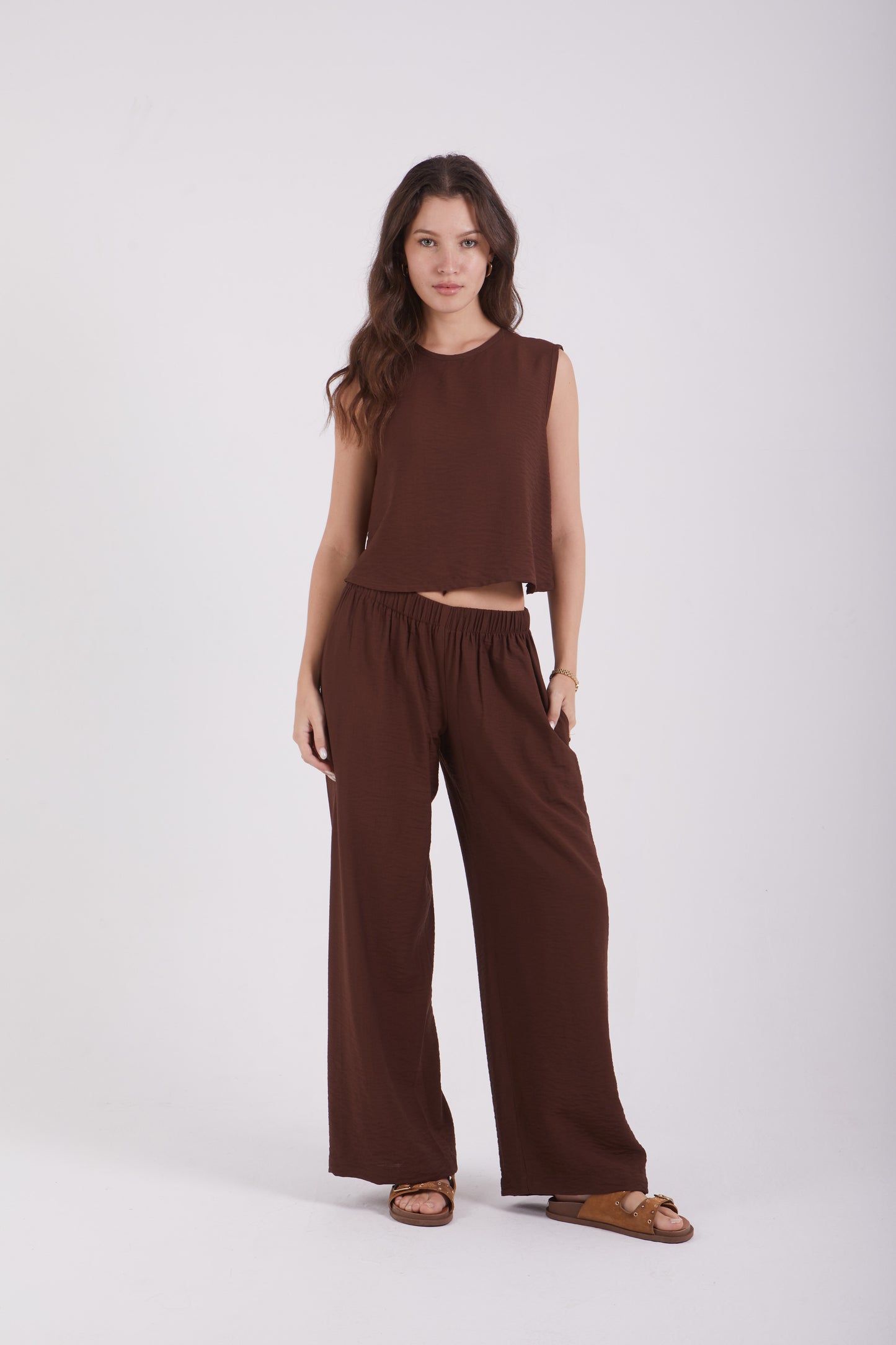 Cropped Linen Set-Brown