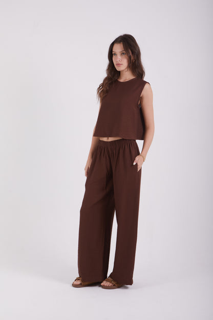 Cropped Linen Set-Brown