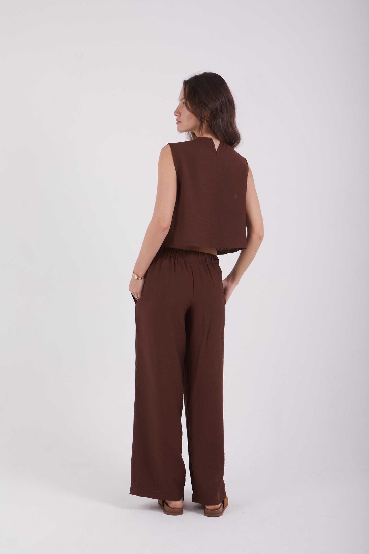 Cropped Linen Set-Brown